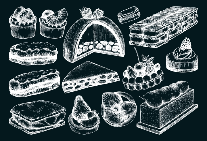 Hand drawn desserts illustrations set. Layer cakes, biscuits, eclairs,  vanilla slices, tartlets, cheesecake, meringue sketches on chalkboard. Vintage food drawing for confectionery or bakery shop